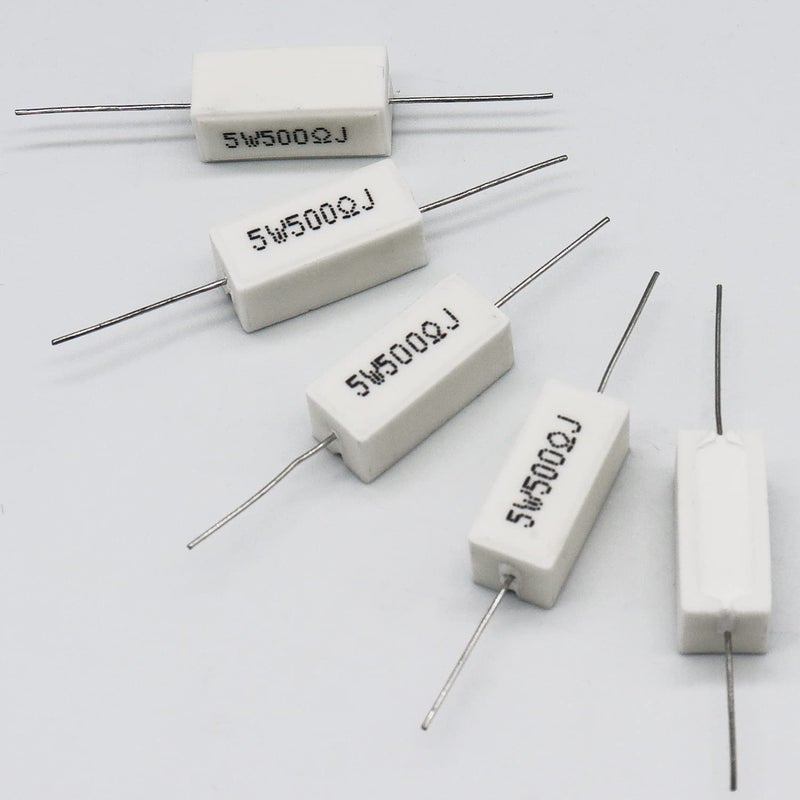 Dimlove Cement Resistor,10 PCS 5W 500 Ohm 5% Axial Lead Wire Resistor White Wound Fixed Ceramic Cement Resistors Wirewound Cement Power Resistors Flame Heat Moisture Resistance Precharge Horizontal Resistors - Image 4